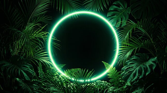 Glowing neon circle frame surrounded by lush tropical jungle plants and monstera leaves against dark background for product stage.