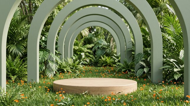 Round wooden podium set within garden meadow featuring geometric sage green archway path and lush tropical greenery for display.