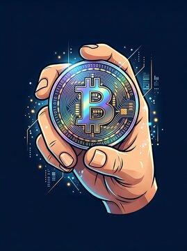 Hand holding a glowing digital currency coin with binary data