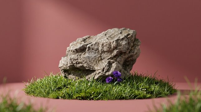 Natural stone rock pedestal on small grass patch with purple flowers isolated against soft terracotta wall for product display.