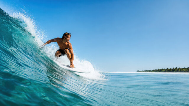 Man surfer riding a big ocean wave on surfboard. Athletic male athlete surfing in tropical sea water during sunny summer day. Active water sport, extreme hobby and outdoor activity.