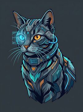 Cybernetic futuristic domestic cat with glowing digital armor