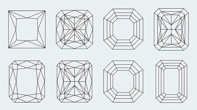 Precious stone square radiant octagonal and rectangular faceted contours. Jewel linear silhouettes for goldsmith layout corporate identity wrapping minimalist emblem. Brilliant geometric