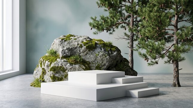White tiered display podium in modern room with large window, ancient rock with moss, and two small pine trees.