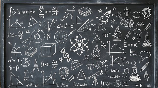 Hand drawn education doodles and geometric equations on textured backdrop. Linear mathematical icons and scientific elements vector illustration. Academic learning sketches and classroom blackboard