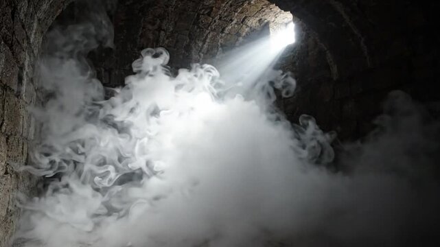 Thick white smoke swirling in dark stone chamber with light beam