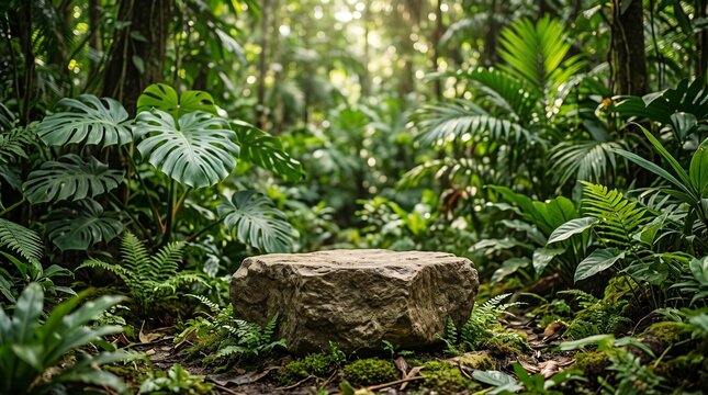Stone pedestal stand placed in middle of lush tropical rainforest setting surrounded by exotic ferns and green jungle plants.