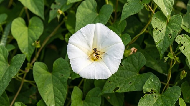 Macro photograph of single white morning glory flower with striped fly insect resting on petals surrounded by green foliage.