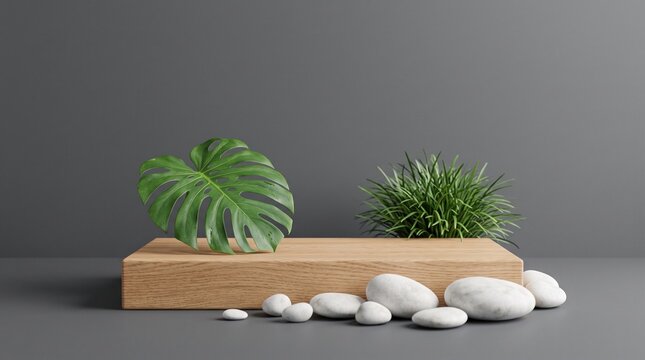Minimalist wooden display podium for product showcase decorated with monstera leaf and small white stones on grey background.
