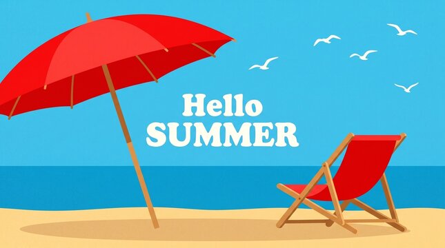 Graphic illustration of beach scene with red umbrella and chair on sand facing blue ocean with hello summer text and seagulls.