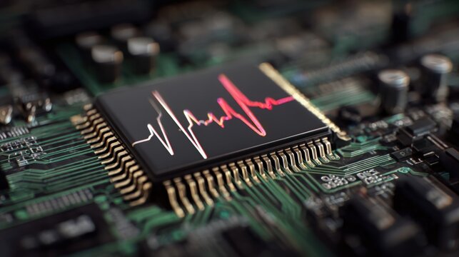 Digital electronic microprocessor chip featuring a glowing red heartbeat pulse line on white background