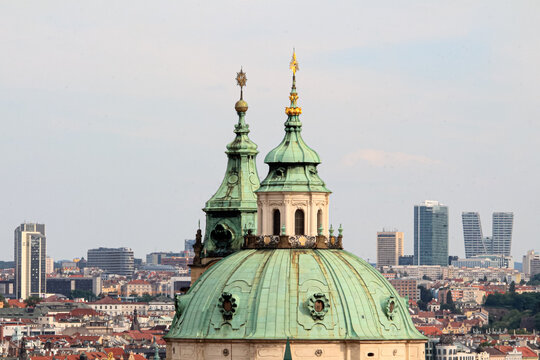 Historic church dome above city skyline