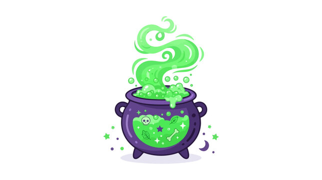 A bubbling cauldron emitting green smoke, a spooky and magical illustration perfect for Halloween themes. The cauldron is purple and decorated with stars and a crescent moon.