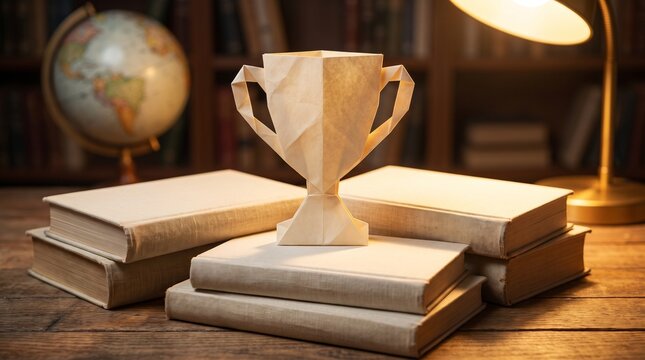 A wooden trophy placed on a stack of books, with a globe and a lamp in the background, creating a scholarly and accomplished atmosphere.