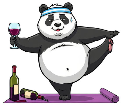 Cartoon panda wearing headband standing in yoga pose on mat holding glass of wine on transparent background. Funny bear practice exercise with alcohol. Concept of balance and humor.