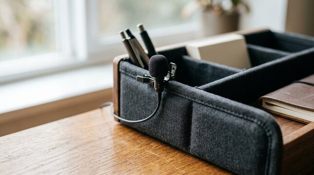 Compact Lapel Microphone Clipped to a Padded Desk Organizer &ndash; Medical Dictation & Transcription Concept