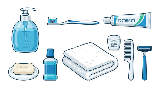 Essential hygiene and grooming set featuring toothbrush, soap, towel, and bathroom items in blue vector style