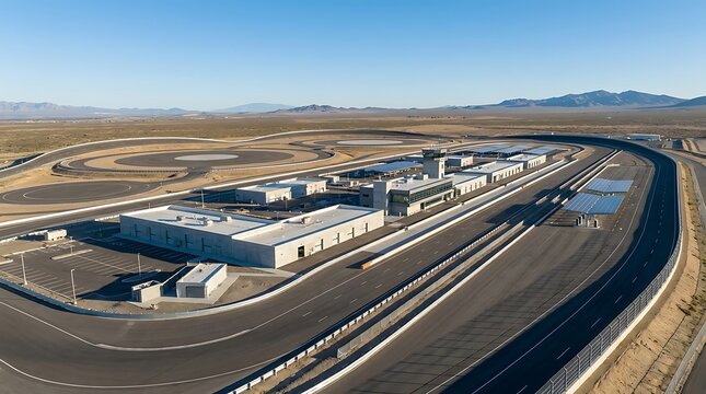 Sprawling desert test facility with extensive tracks and modern buildings from above. Advanced engineering and research hub for vehicle development