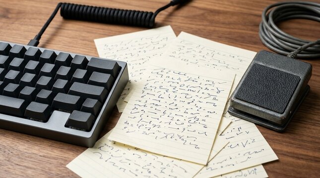 Handwritten Shorthand Notes Scattered beside a Foot Pedal and Mechanical Keyboard &ndash; Medical Dictation & Transcription Concept