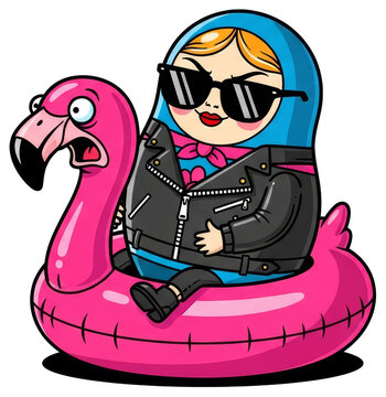 Matryoshka doll wearing a leather jacket and sunglasses on an inflatable pink flamingo pool float on transparent background. Creative cartoon vector illustration of Russian toy character.