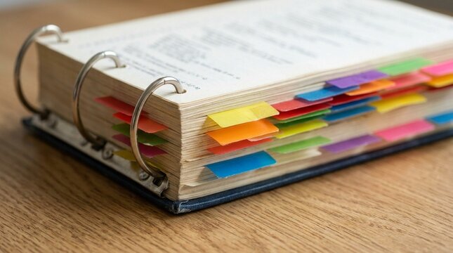 Sticky Tab Markers Protruding from a Thick Coding Reference Binder &ndash; Medical Coding & Billing Concept