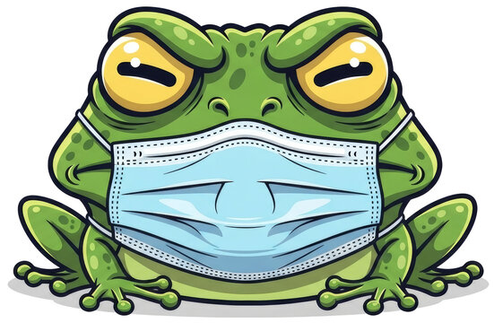 Green cartoon frog wearing medical face mask on transparent background. Sick amphibian animal illustration for virus protection and healthcare safety concept. Vector clip art design.