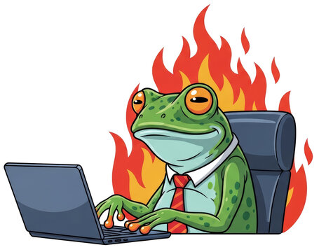 Frog businessman working on laptop with fire background on transparent background. Cartoon animal character as office worker. Expressing concept of stress, busy job or urgency. It is fine meme.