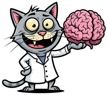 Cartoon cat scientist holding a human brain in lab coat on transparent background. Clever feline character as doctor or researcher. Intelligent biology, neuroscience, education concept.