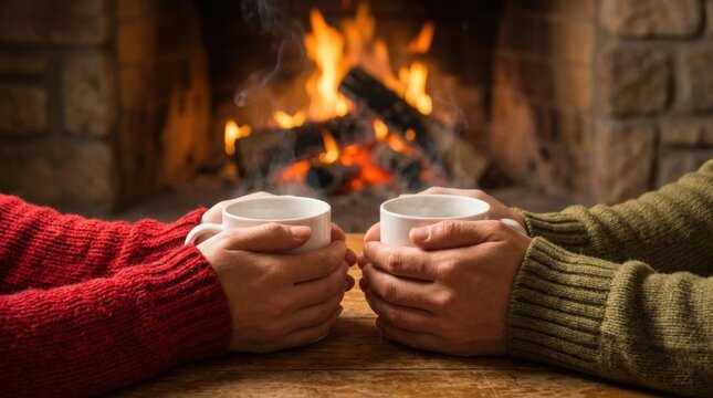 Cozy hands holding warm mugs in front of a crackling fireplace, winter comfort.