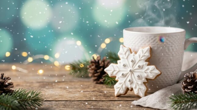 Cozy Winter Scene - Snowflake Cookie, Mug, Pine Cones, and Festive Holiday Ambiance.