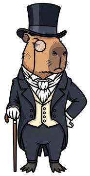 Capybara gentleman wearing a top hat and monocle on transparent background. Dapper animal character dressed in a formal Victorian tuxedo set with a cane. Cartoon illustration for design concepts.