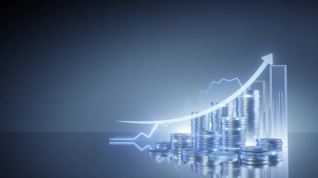 Glowing bar graph with upward arrow over coins, representing financial growth, investment success, and positive market trends.