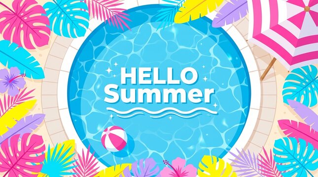 Colorful summer swimming pool background featuring hello summer text surrounded by tropical leaves and inflatable beach ball float.