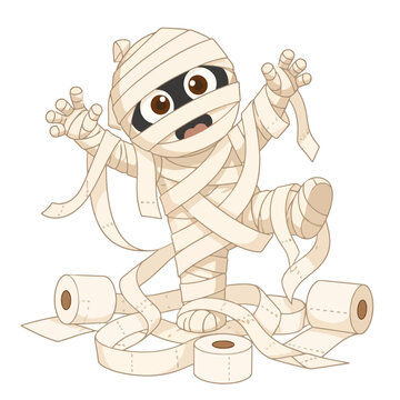 Cute cartoon mummy character wrapped in bandages, playing with toilet paper rolls, happy halloween fun