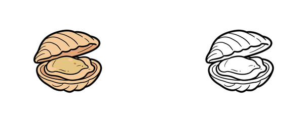 Flat colored and black line cartoon illustrations of open boiled clam in beige and brown colors used for seafood restaurant menu or ocean food design © Dzianis