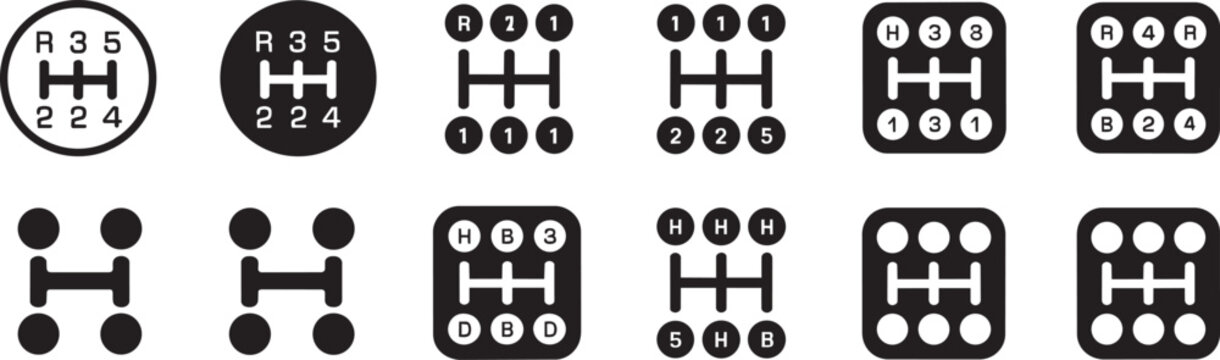 Various gear shift patterns vector set showing manual transmission layout configurations for car interior dashboard interface design or automotive mechanical control lever components guide.