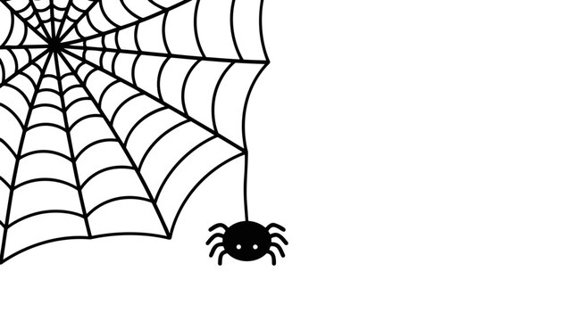 A cute cartoon spider dangling from its web. The spider is black with big, friendly eyes, and the web is intricately detailed, forming a perfect circle with radiating strands