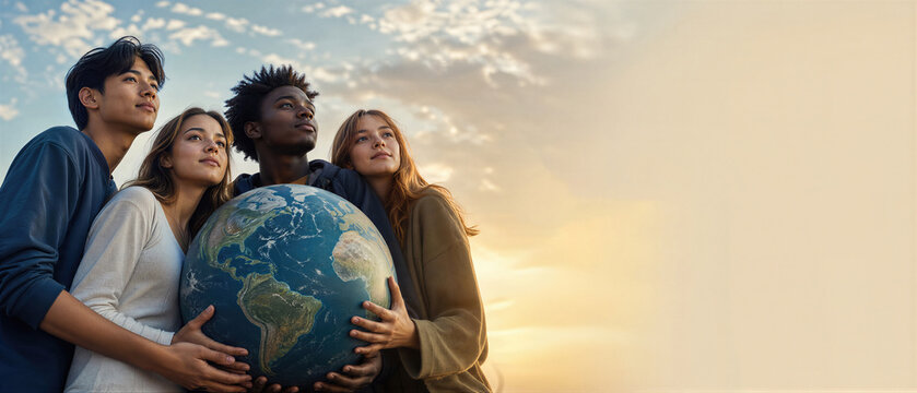 Group of multicultural youth holding a globe showing earth toward the sunset sky. Diverse teenage man and woman engaged in environmental activism. Banner with copy space