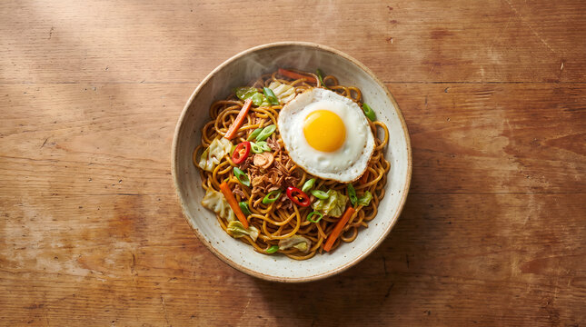 Authentic Indonesian fried noodles served on a rustic wooden table with copy space. Perfect for restaurant advertising, food blogs, travel campaigns and menu design.