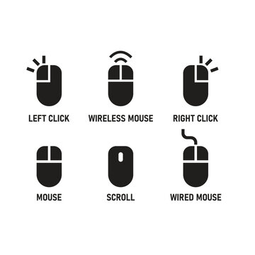 Minimalist flat vector set of six computer mouse icons demonstrating left click, right click, scroll, wireless, and wired options, isolated on white.