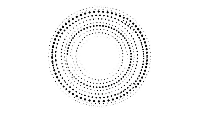 Abstract circular pattern of black dots on white, radiating outward in concentric rings, tech graphic