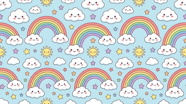 Cute seamless pattern with kawaii rainbows smiling clouds and suns