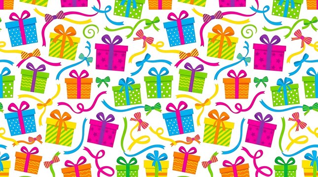 Seamless pattern with colorful gift boxes and festive ribbons