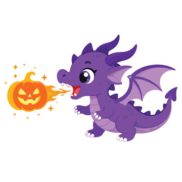 Cute purple dragon breathing fire on a jack o lantern for Halloween, cute cartoon character, festive fantasy creature