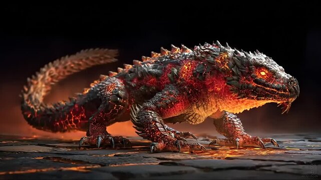 Fiery creature with glowing eyes and textured scales moves in dark environment