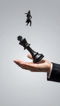 A hand holds a black chess king piece in mid-air, while a tiny pixelated businessman jumps above, strategic decision concept