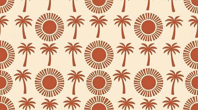 Retro summer seamless pattern with palm trees and suns