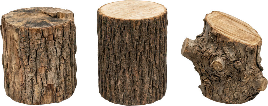 Three detailed close up views showcasing the rough bark texture and cross section rings of different wooden log stumps in natural earthy tones tree timber organic