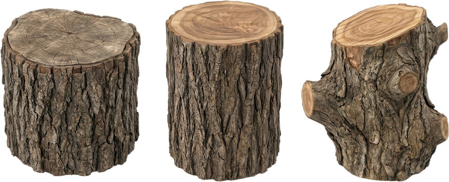 Three different cross sections of textured tree trunks with rough bark and visible wood grain patterns tree stump timber natural organic forestry nature material rustic vintage