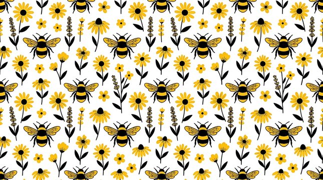 Seamless pattern with honey bees and yellow wildflowers on white